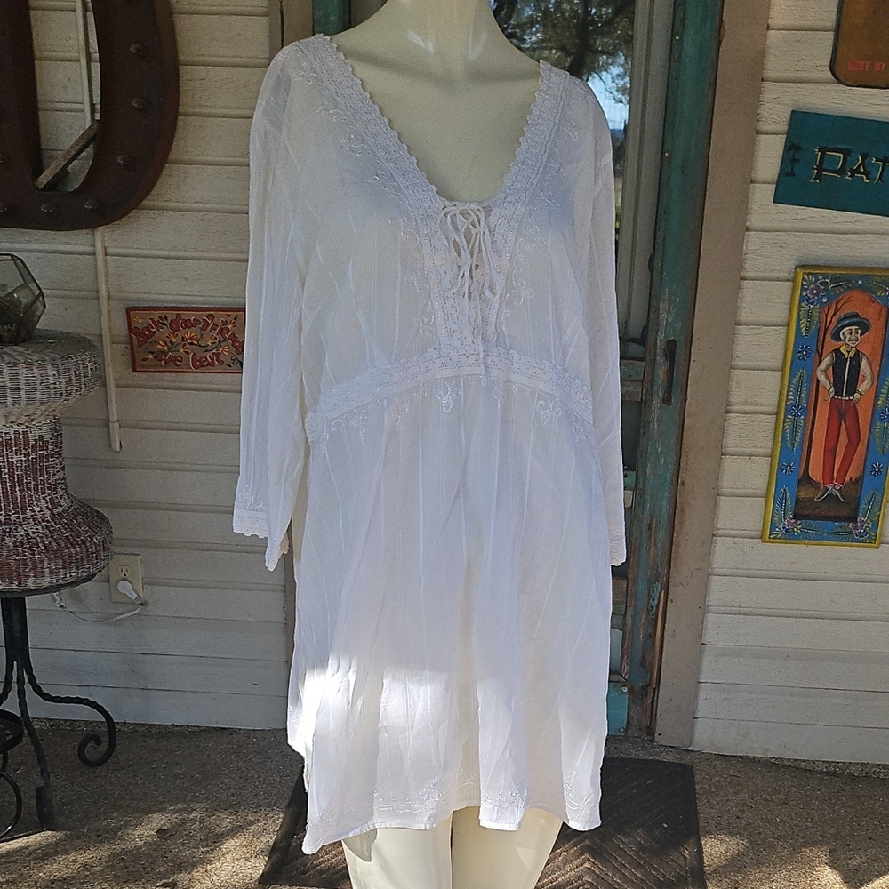 Vtg new with tags DRESSBARN White cotton rayon Lace-Up Women's Blouse  1X 14/16